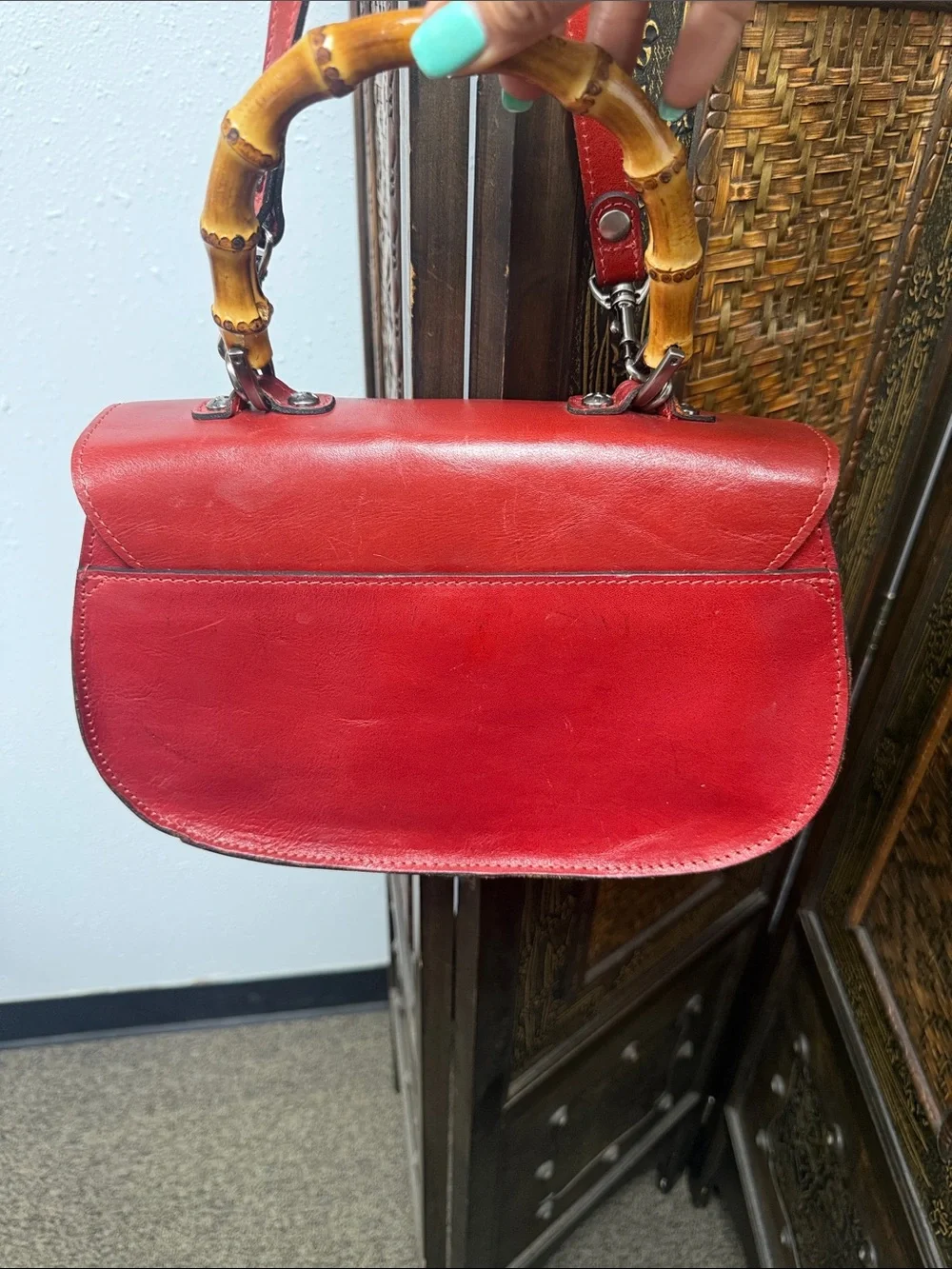 Red Leather Top-Handle Women’s Bag with Bamboo Handle - special edition
